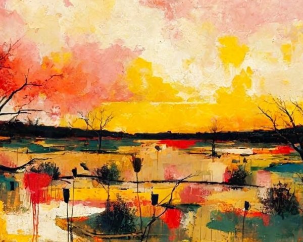 Abstract Landscape with Vibrant Colors and Silhouetted Trees