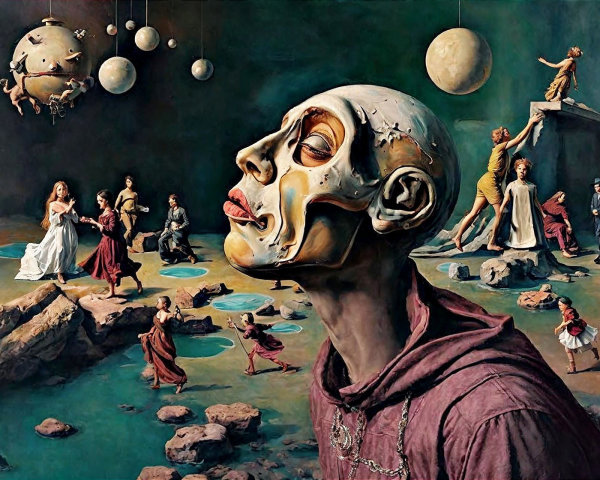 Large Melting Skull in Surreal Landscape Painting