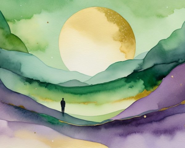 Serene Watercolor Landscape with Hills and Sunlight