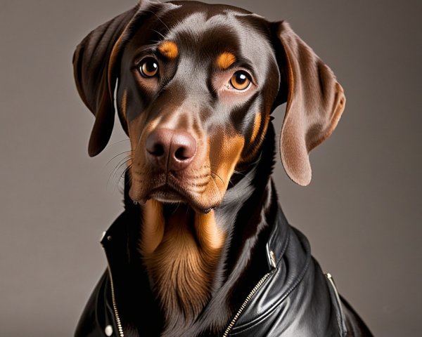Stylish Doberman in Black Leather Jacket Against Neutral Background