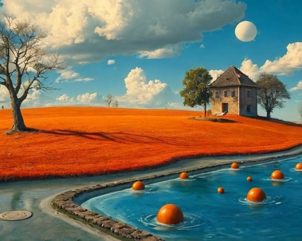 Surreal Landscape with Orange Field and Waterway