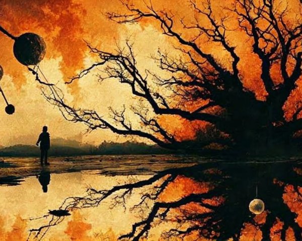 Solitary Figure in Surreal Landscape with Gnarled Tree