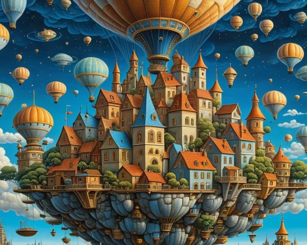 Floating Island with Whimsical Town and Hot Air Balloons