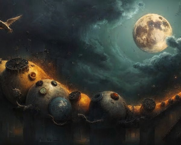 Surreal Landscape with Abstract Creature Under Moonlight