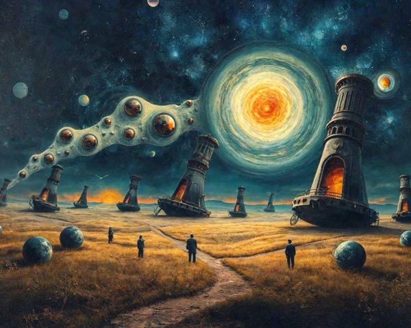Surreal Landscape with Chimneys and Celestial Orbs