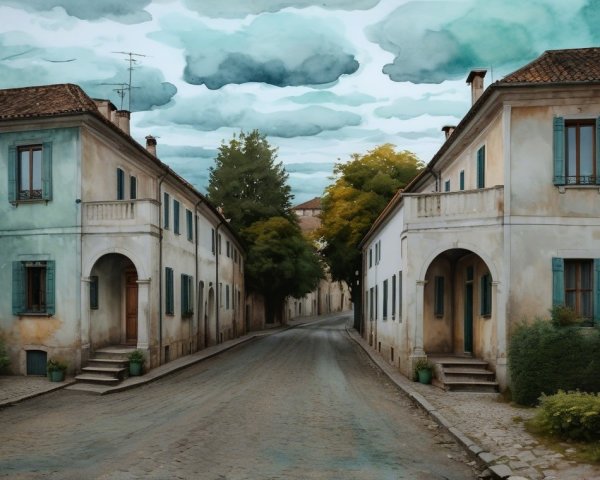 Charming Winding Street with Weathered Buildings and Trees