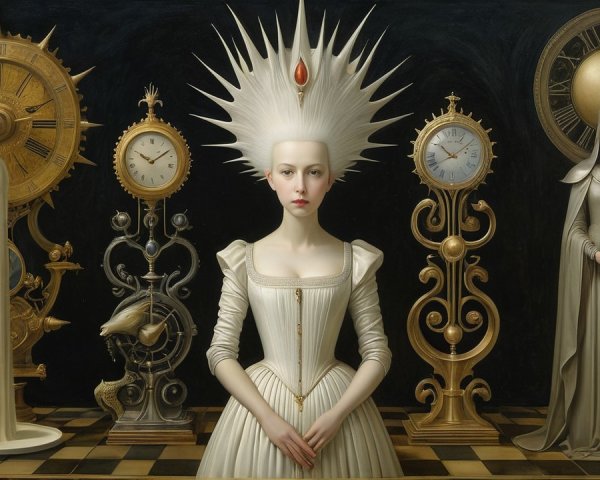 Surreal Scene with Ethereal Figure and Ornate Clocks