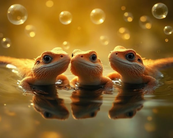 Vibrant Lizards Interacting in Tranquil Water Scene