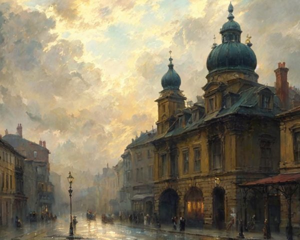 Charming City Street at Dusk with Historical Architecture