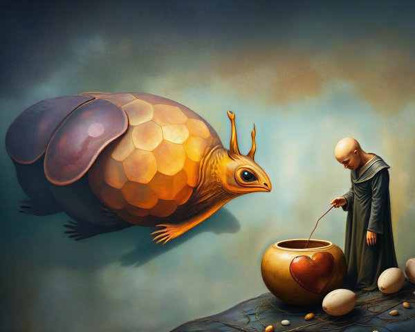Surreal Landscape with Insect and Serene Figure