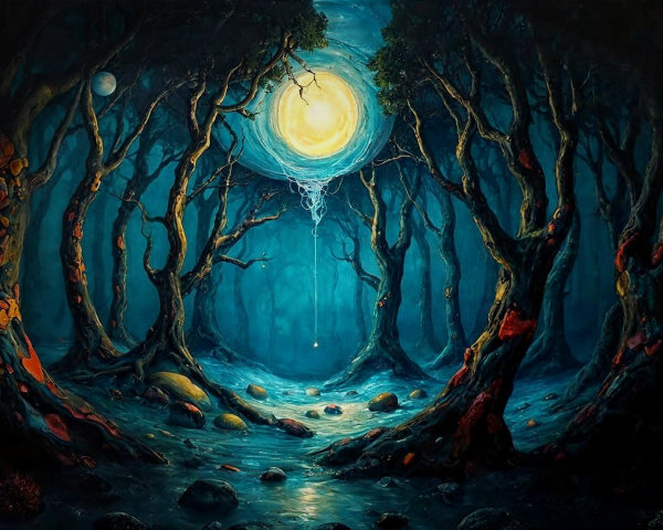 Mystical Forest with Twisted Trees and Full Moon