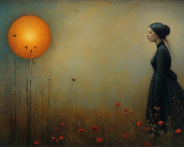 Serene Figure in Black Dress Among Red Poppies