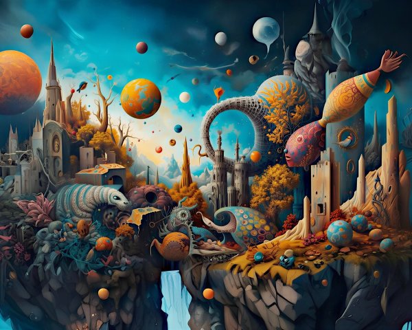 Surreal Landscape with Floating Orbs and Whimsical Creatures