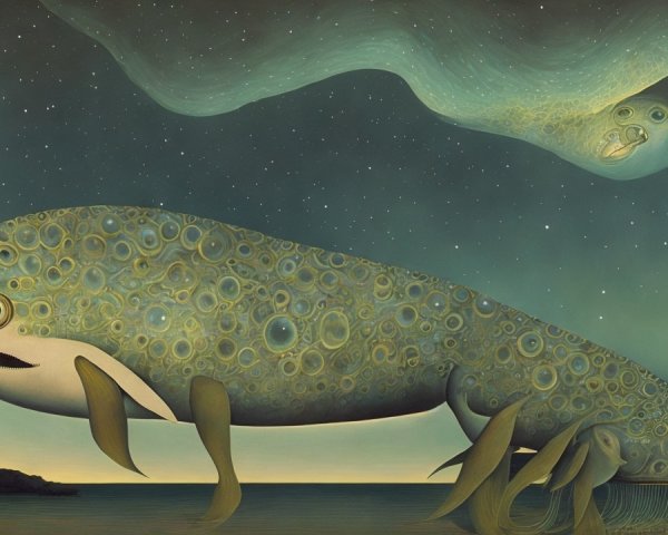 Surreal Landscape with Stylized Fish and Twilight Sky