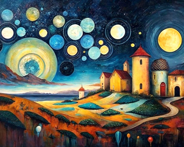 Dreamlike Landscape with Whimsical Buildings and Sky