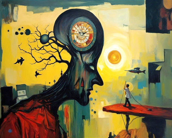 Surreal Landscape with Giant Face and Celestial Elements