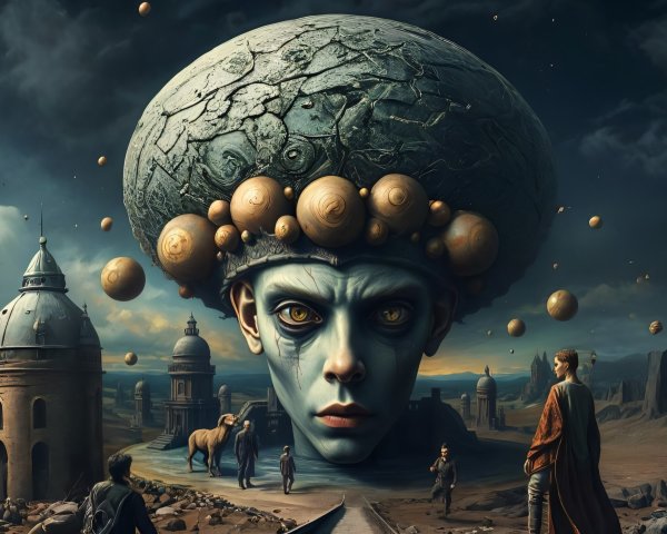 Surreal Landscape with Expressive Head and Whimsical Elements