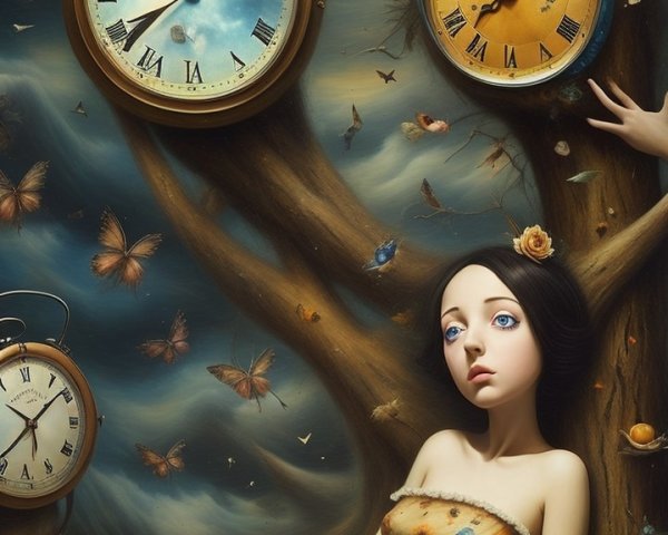 Surreal Landscape with Ethereal Girls and Clocks