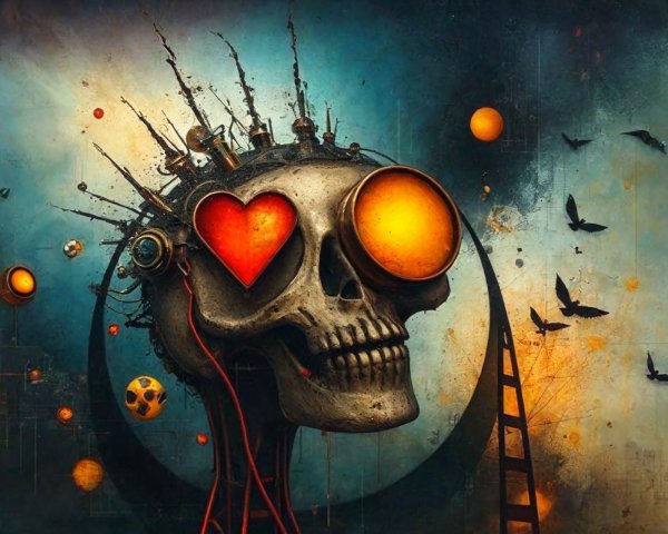 Surreal Skull with Orange Eyes and Heart Symbol