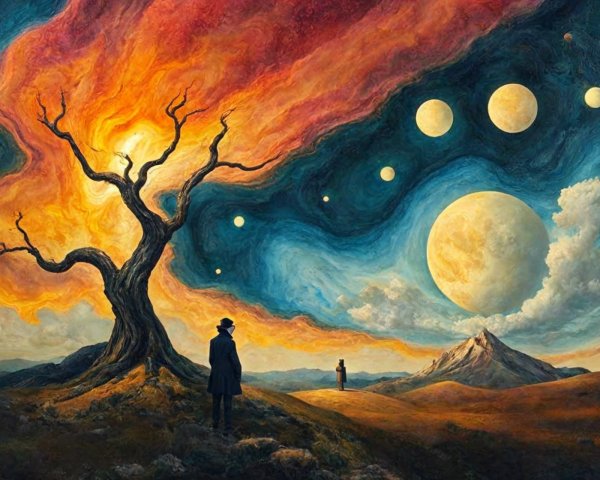 Surreal Landscape with Gnarled Tree and Cosmic Sky