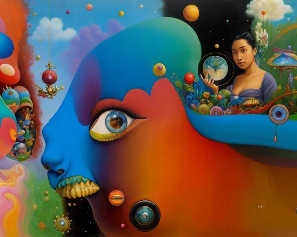 Surreal Painting with Colorful Face and Nature Elements