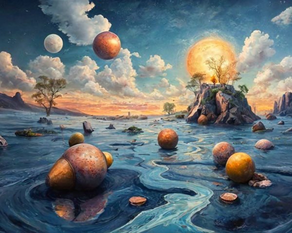 Surreal Landscape with Oversized Celestial Bodies