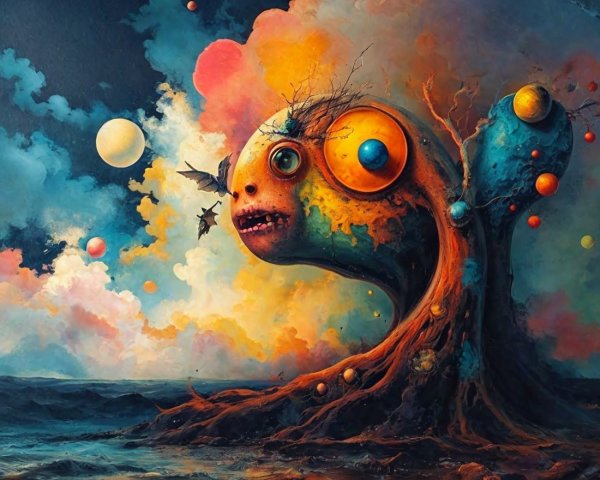 Surreal Landscape with Colossal Creature and Planets