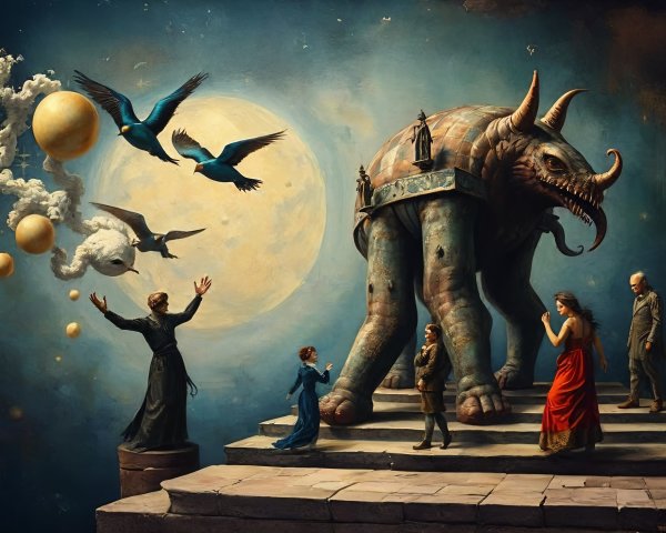 Surreal Landscape with Ornate Elephant and Figures