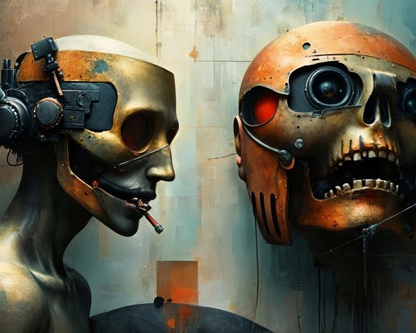 Metallic Humanoid Figures in Dystopian Art Setting