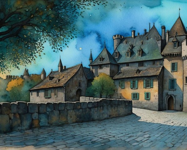 Medieval Castle Surrounded by Lush Greenery and Sky