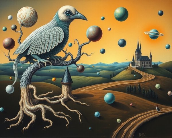 Surreal Landscape with Oversized Bird and Castle