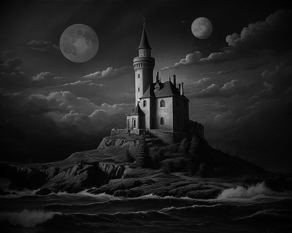 Majestic castle on a cliff under two moons