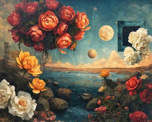 Surreal Landscape with Vibrant Roses and Cosmic Elements