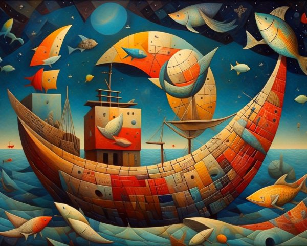Surreal Maritime Scene with Crescent Moon Ship