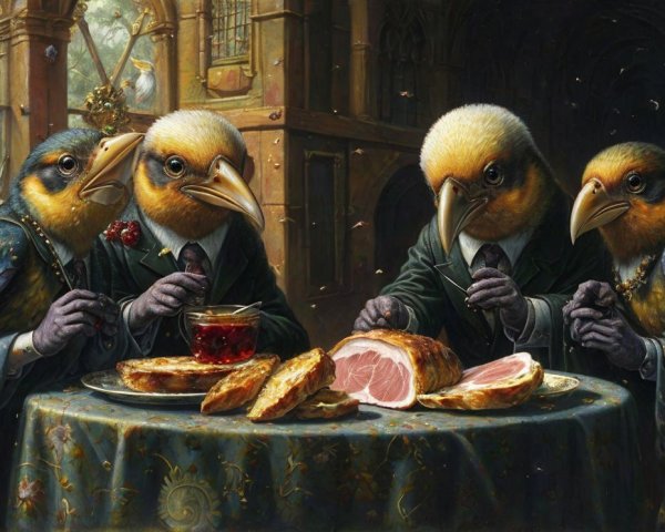 Victorian Birds Dining at a Lavish Table Setting