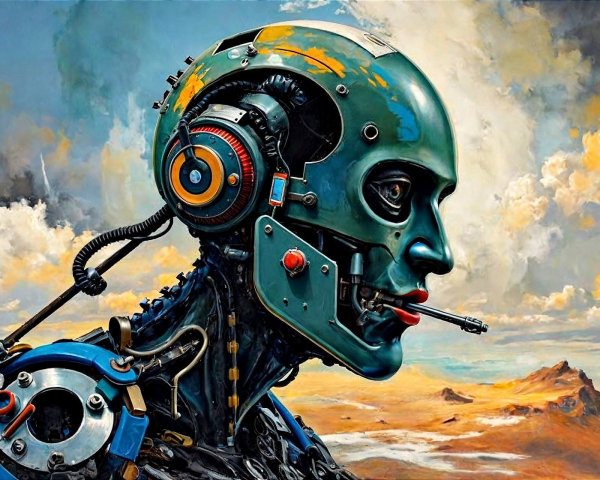 Oil Painting of a Female Cyborg with Metallic Features