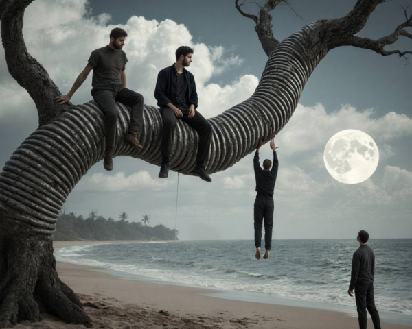 Five Male Figures on Beach Under Full Moon and Tree