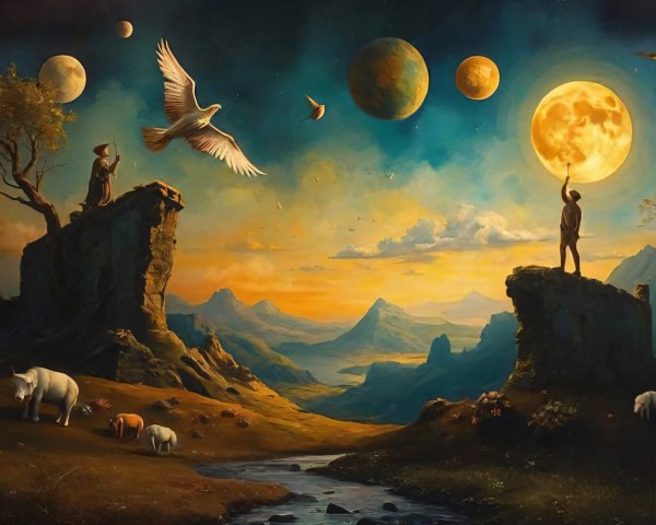 Surreal Landscape with Mountains, Stream, and Planets