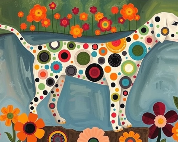 Stylized Dog on Colorful Earth with Vibrant Blooms