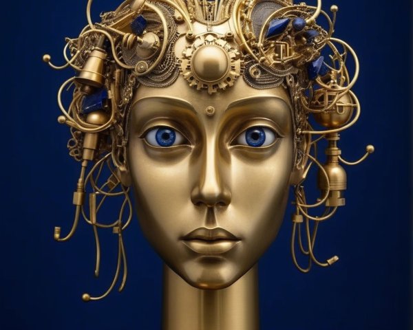 Humanoid sculpture in gold tones with mechanical elements