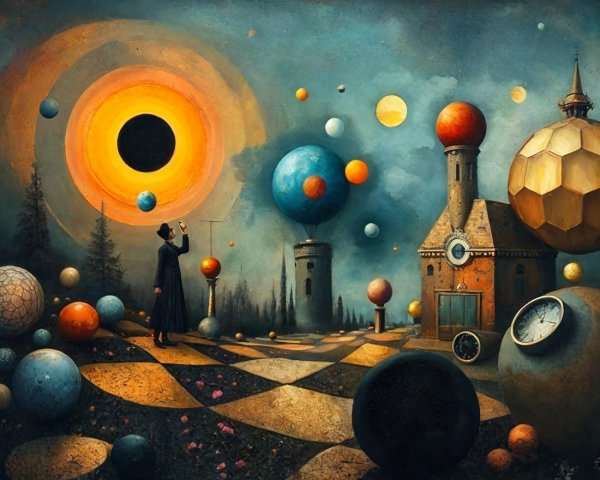 Surreal Landscape with Celestial Scene and Geometric Shapes