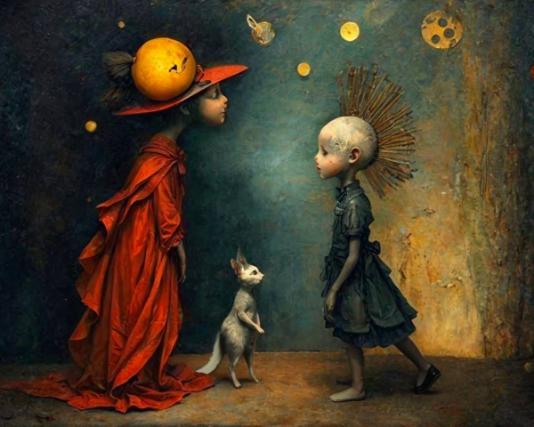 Whimsical Figures in a Surreal Celestial Setting