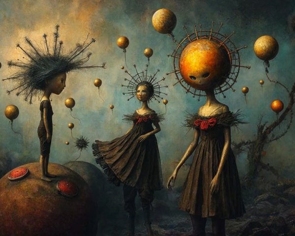 Surreal Landscape with Figures and Celestial Elements