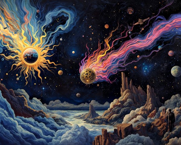 Vibrant Cosmic Scene with Fiery Sun and Colorful Celestial Body