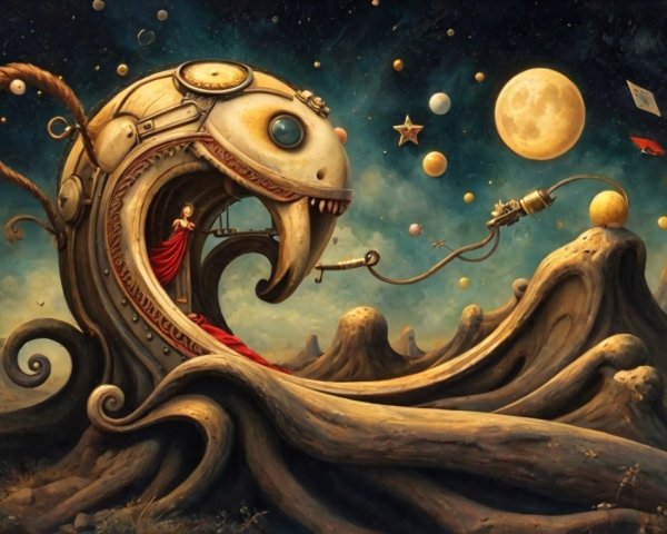 Giant Skeletal Fish in Surreal Fantasy Landscape