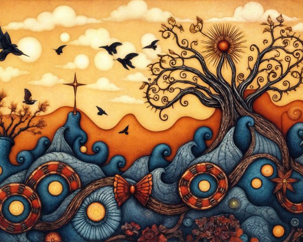 Surreal Landscape with Waves, Butterflies, and Trees