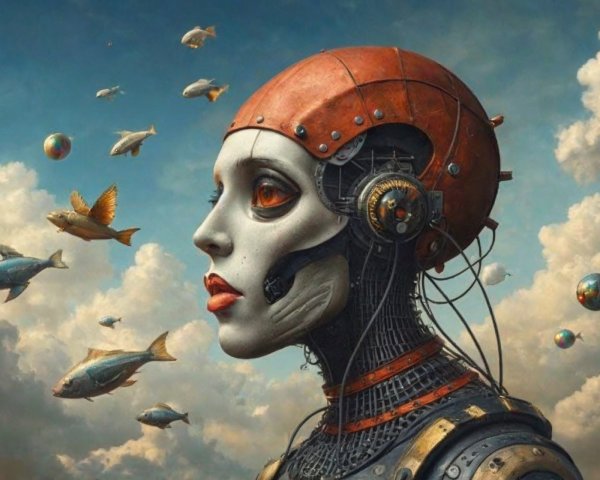Humanoid Robot in Surreal Dreamlike Environment
