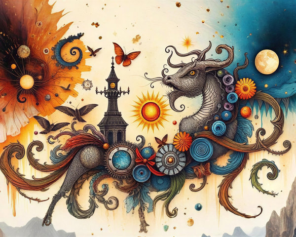 Fantastical Dragon and Clock Tower in Cosmic Landscape
