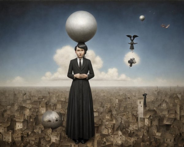 Surreal Landscape with Reflective Sphere and Figure