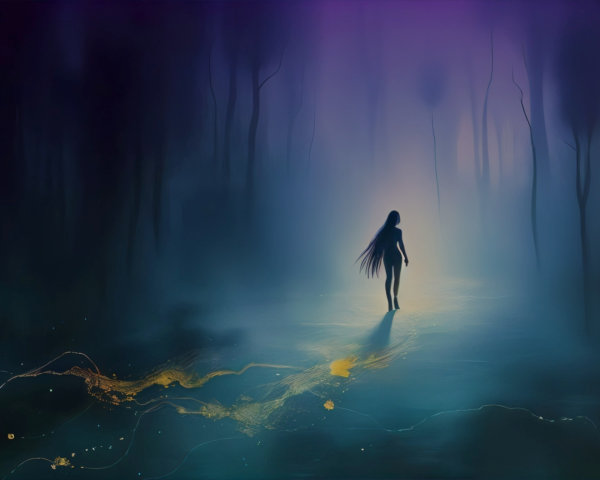 Silhouette in a Misty Forest with Ethereal Light